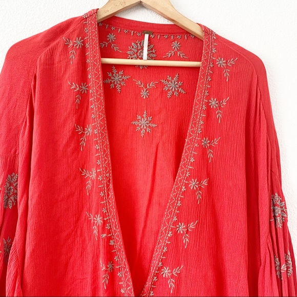 Free People Fire Red Embroidered Kimono size small - Picture 5 of 12